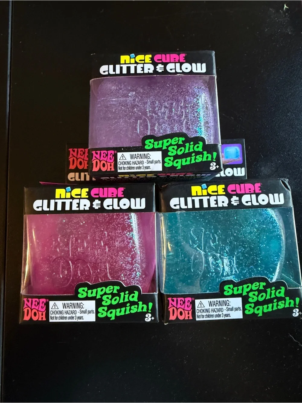 Lot 3 New NeeDoh Nice Cube Purple Blue Pink Solid Squish Schylling Glitter Glow